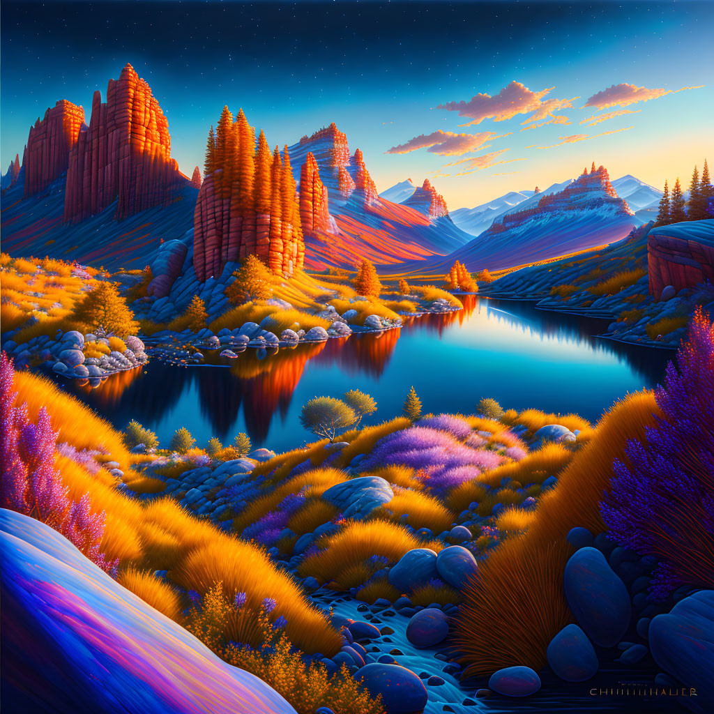 Vivid landscape with red rock formations, blue lake, orange flora, gradient sky