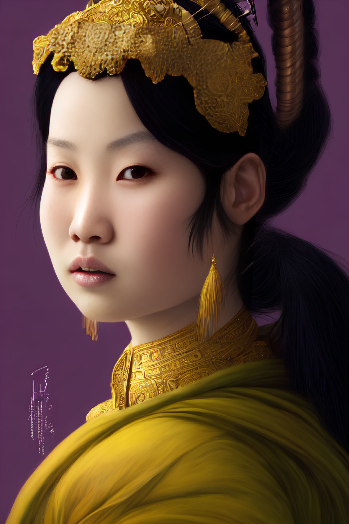 Traditional East Asian woman portrait in golden headdress and yellow garment on purple background