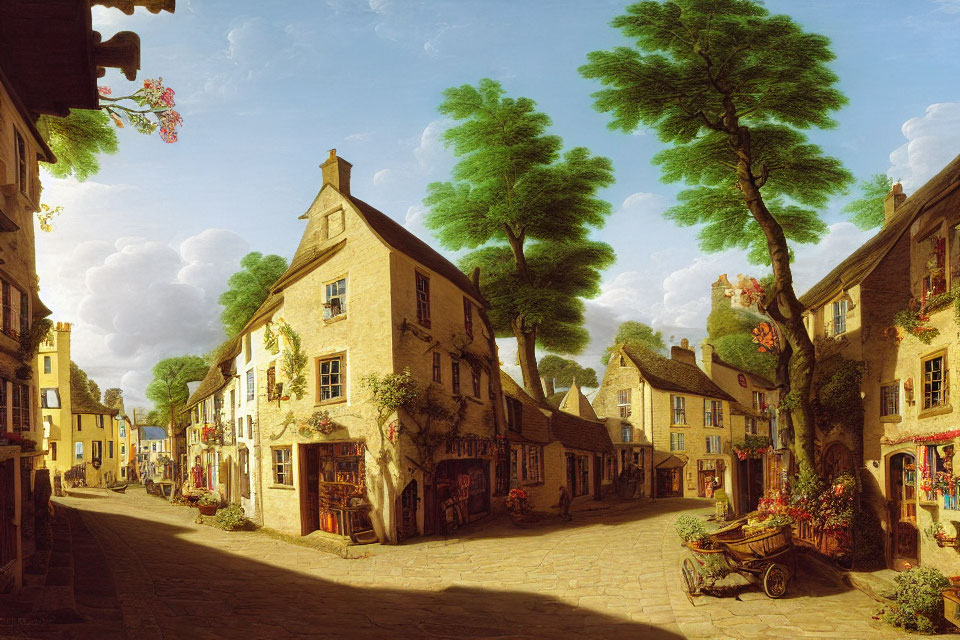 Historic village street scene with cobblestones, lush trees, and sunny skies