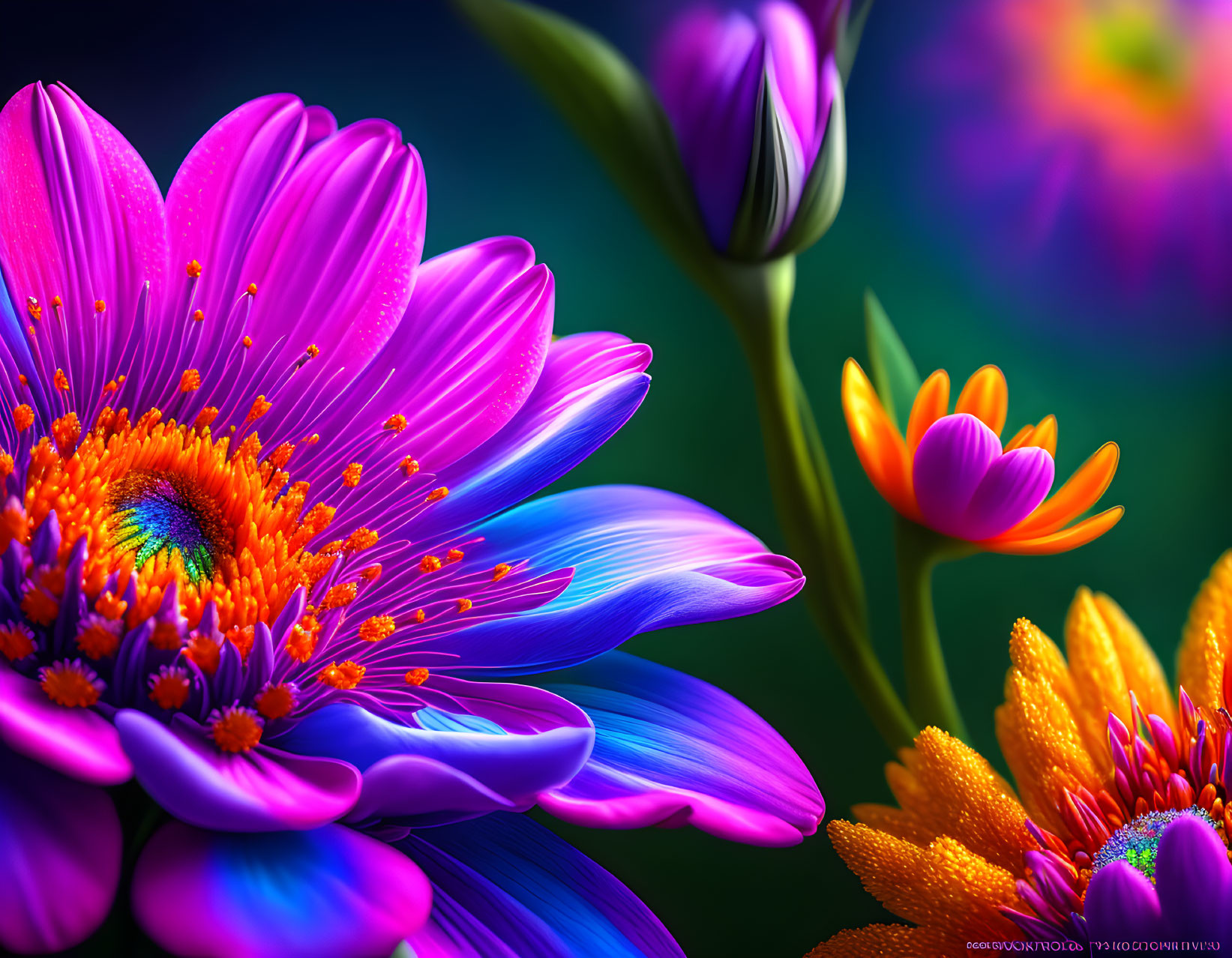 Colorful digital artwork featuring vibrant purple and blue flowers with orange centers on a blurred green backdrop