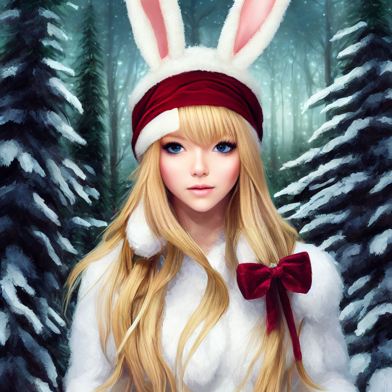 Person with Blue Eyes and Bunny Ears in Snowy Pine Forest