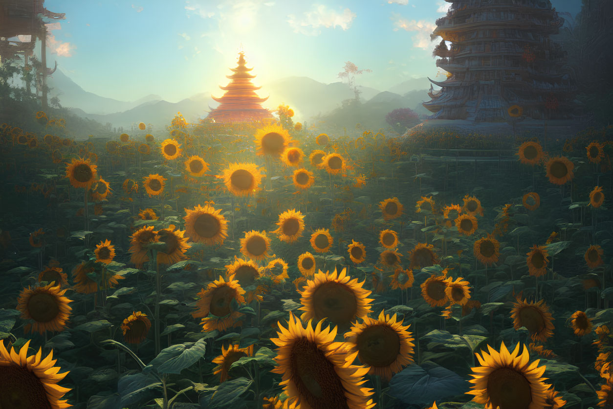 Sunlit sunflower field with traditional pagodas against clear sky