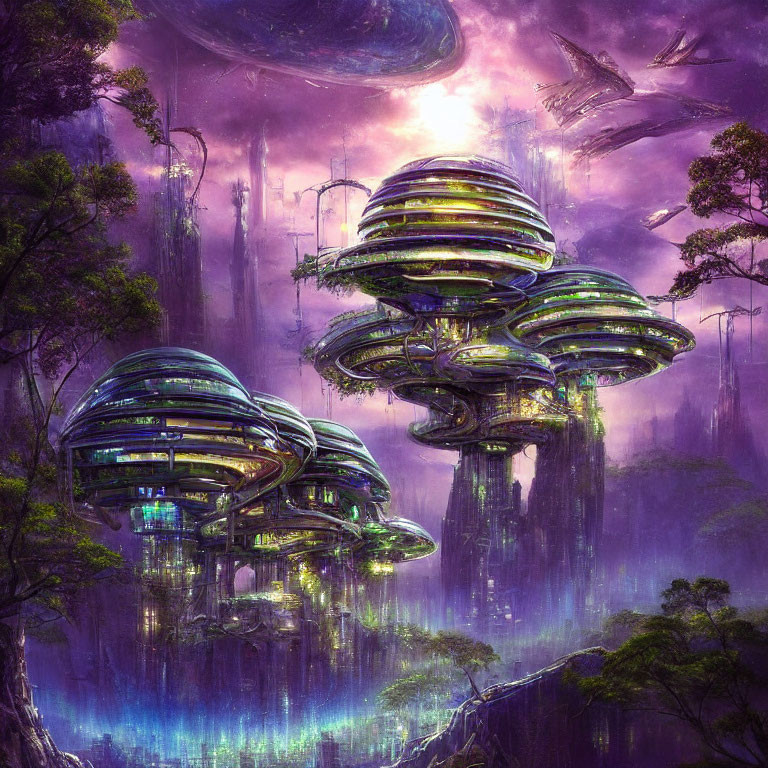 Futuristic sci-fi landscape with layered structures in purple forest