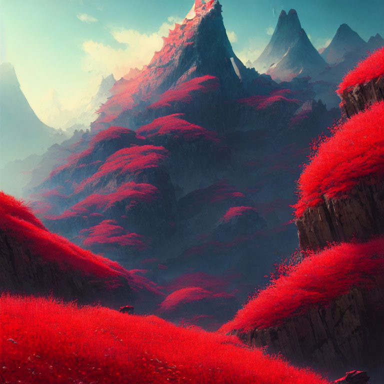 Vibrant red foliage on mountainous terrain under glowing sky