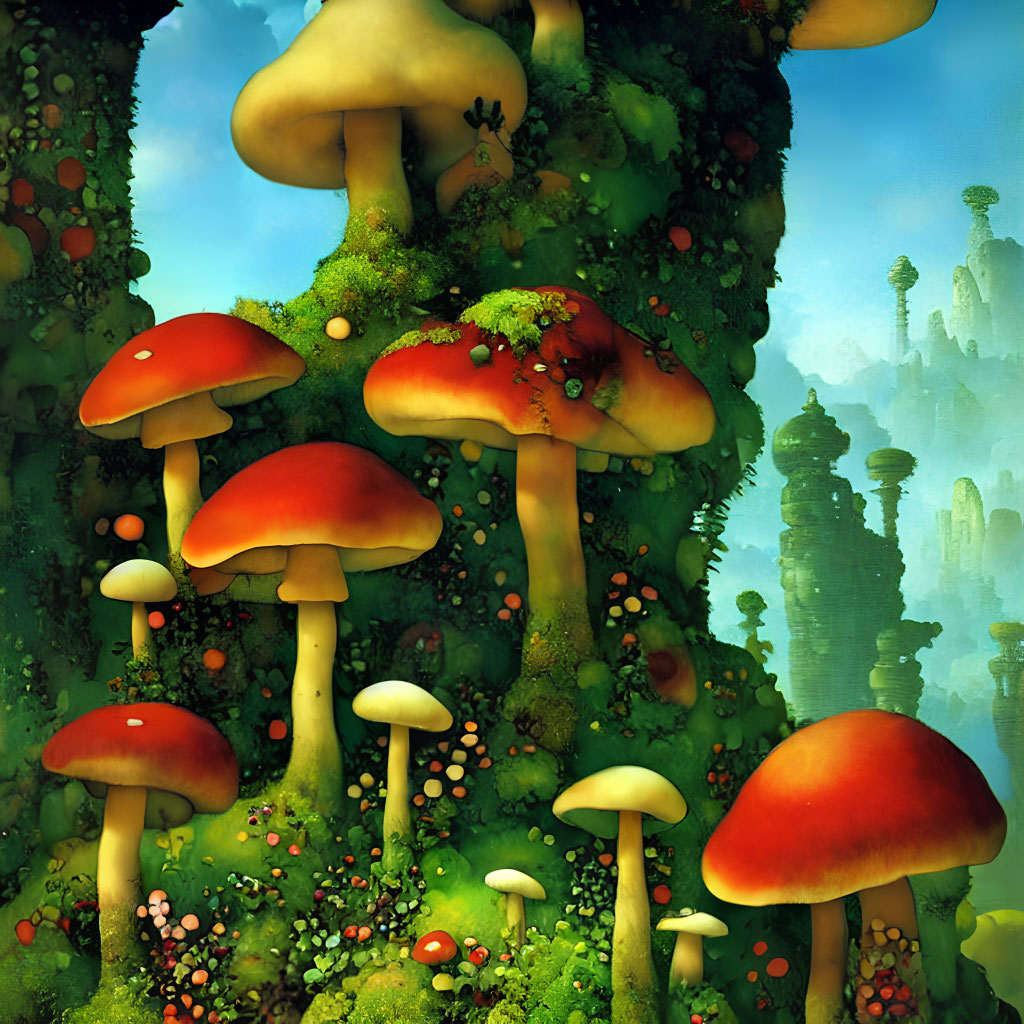 Colorful fantasy forest with red-capped mushrooms and hidden creatures