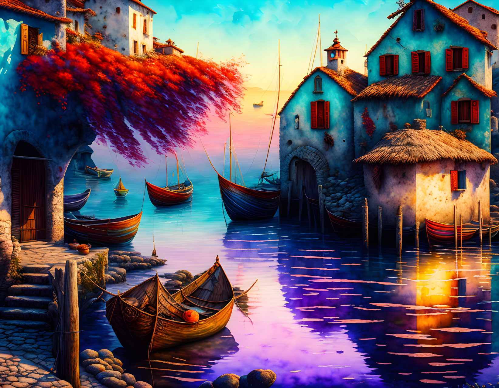 Colorful seaside scene with buildings, cobblestone paths, boats, and sunset glow.