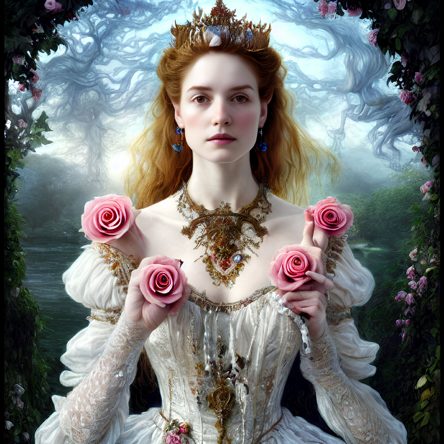 Regal woman in white and gold gown with roses in mystical forest