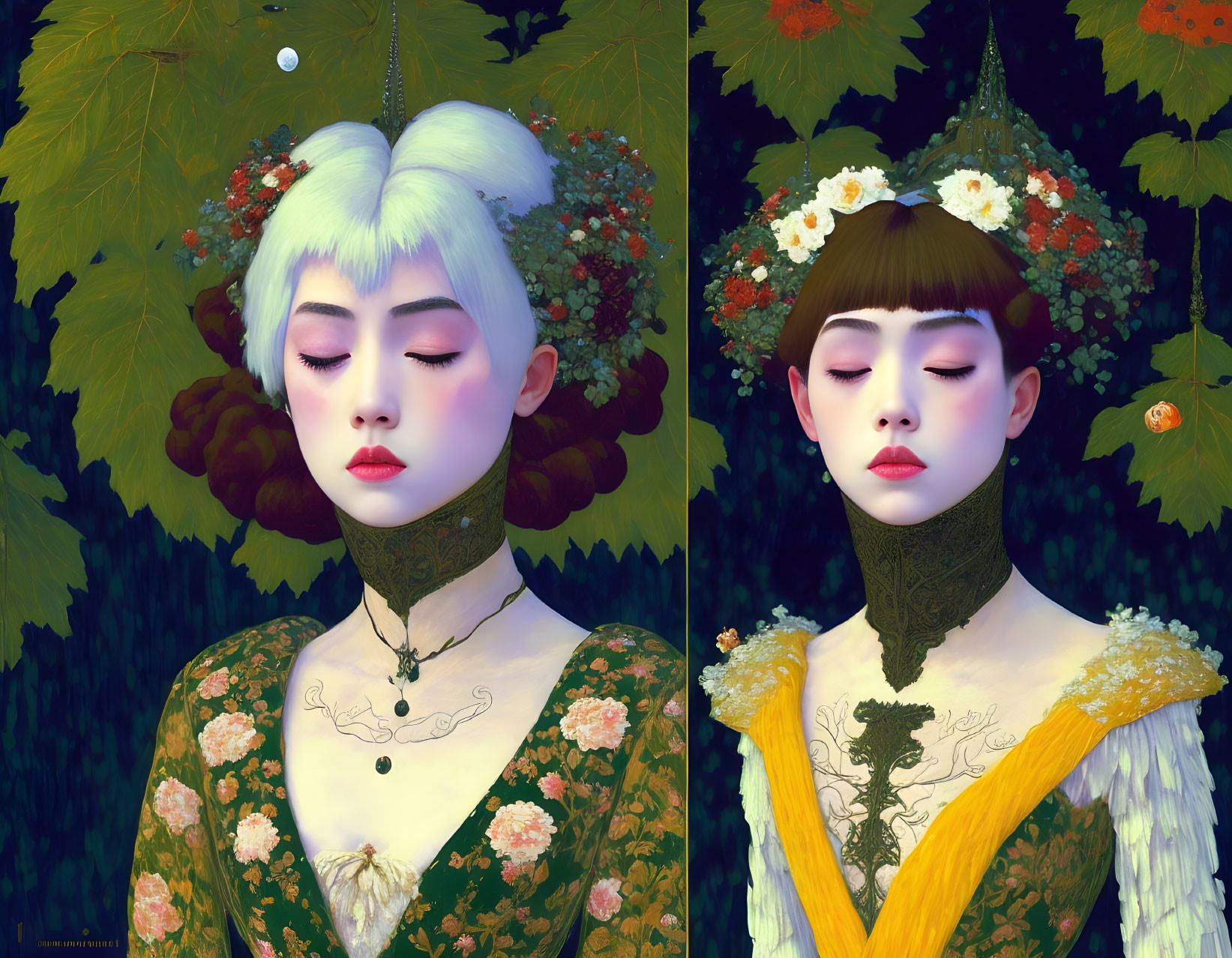 Stylized portraits of women with unique fashion and floral backdrop