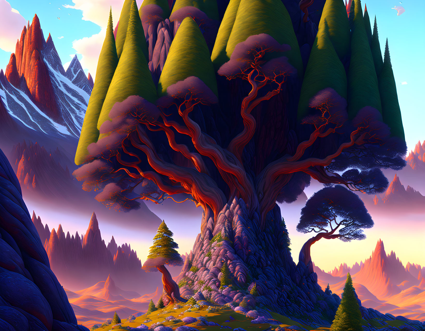 Enormous fantastical tree in surreal digital landscape