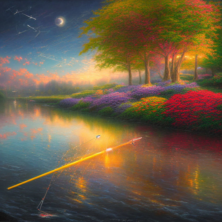 Vibrant trees beside calm lake with rowboat, starry sky crescent moon