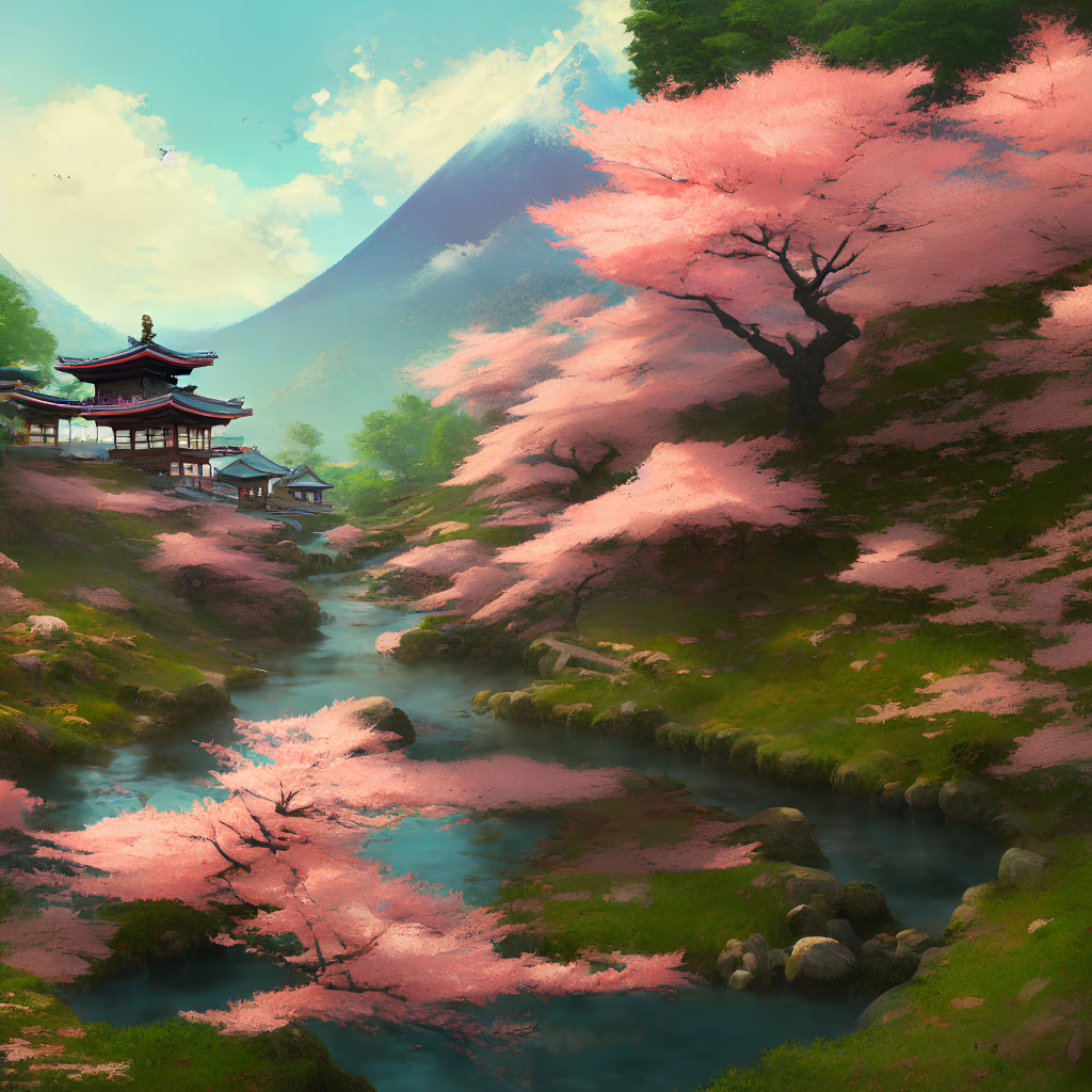 Serene landscape with cherry blossoms, river, Asian architecture, and mountain