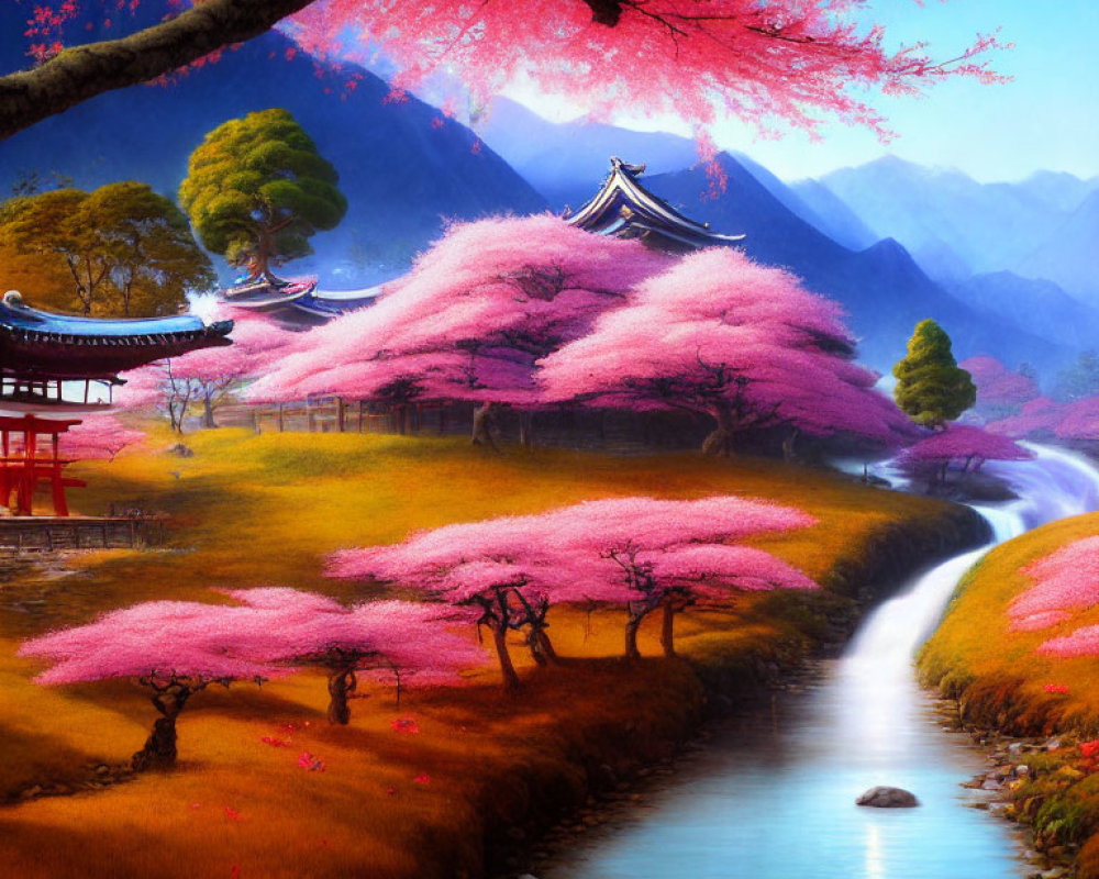 Japanese landscape painting with cherry blossoms, traditional architecture, and flowing stream