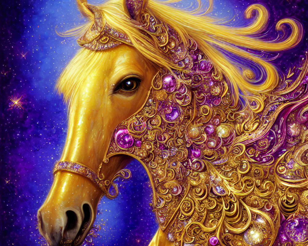 Majestic horse with golden mane and ornate bridle on starry night sky.