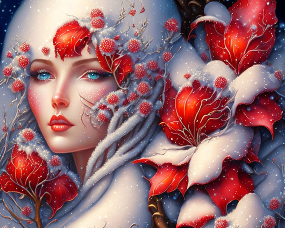 Winter-themed woman with face paint among poinsettias & snow-covered branches