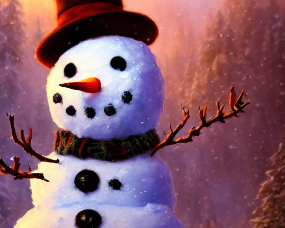 Cheerful snowman with top hat and scarf in winter forest twilight