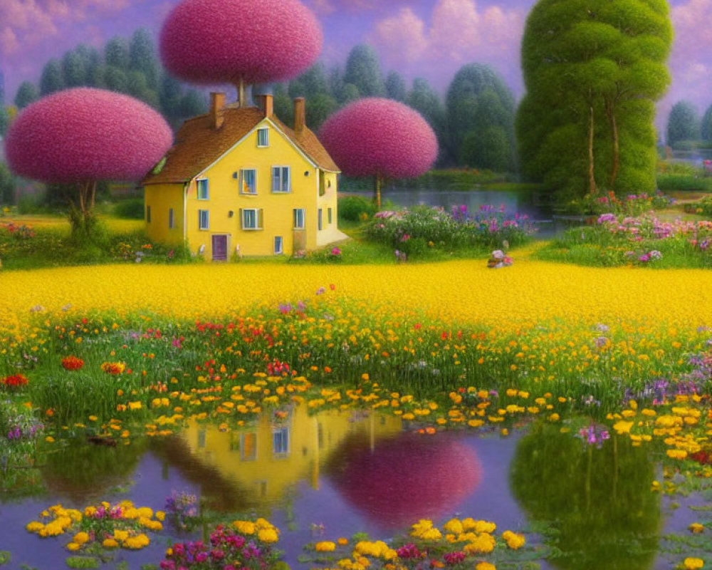 Colorful Painting of Yellow House with Pink Blossom Trees and Flower Field