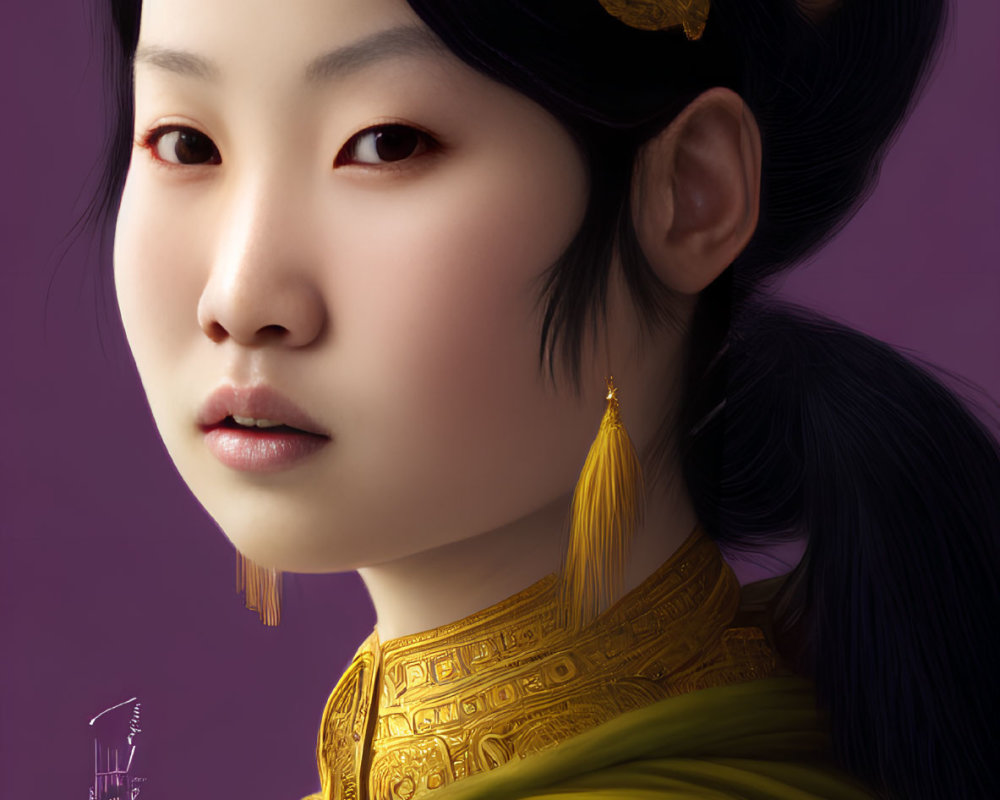 Traditional East Asian woman portrait in golden headdress and yellow garment on purple background