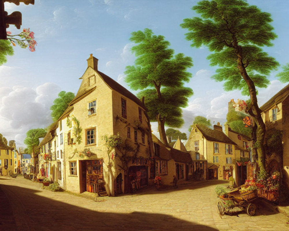 Historic village street scene with cobblestones, lush trees, and sunny skies