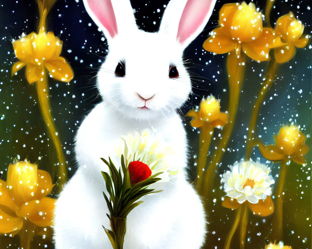 White Rabbit with Flower Surrounded by Glowing Yellow Blooms on Starry Night