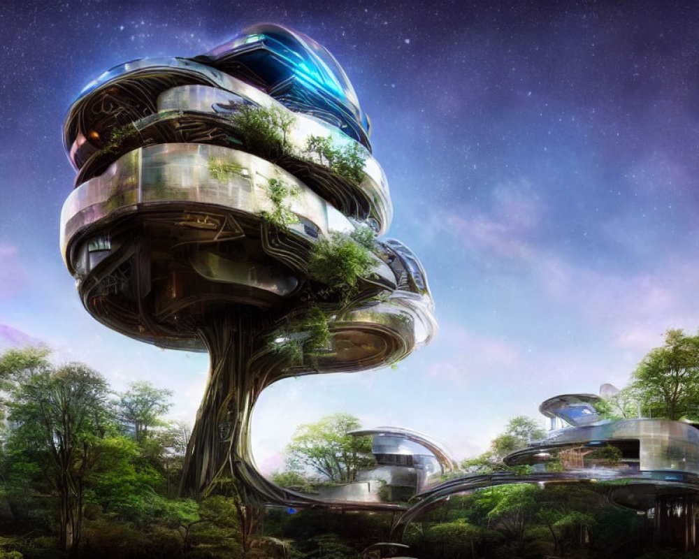 Futuristic tree-like architecture in glass amidst verdant forest