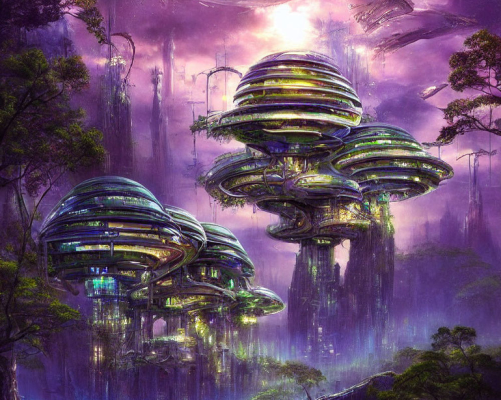 Futuristic sci-fi landscape with layered structures in purple forest