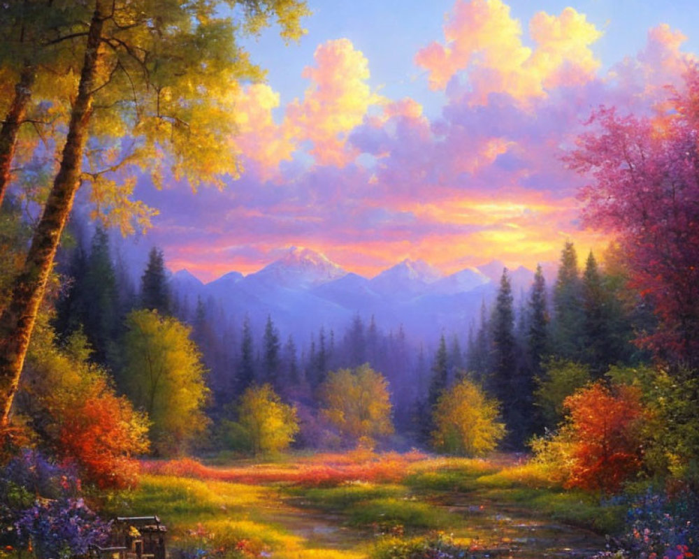 Colorful Sunset Landscape Painting with Mountains, Flower-lined Path, and Autumn Trees