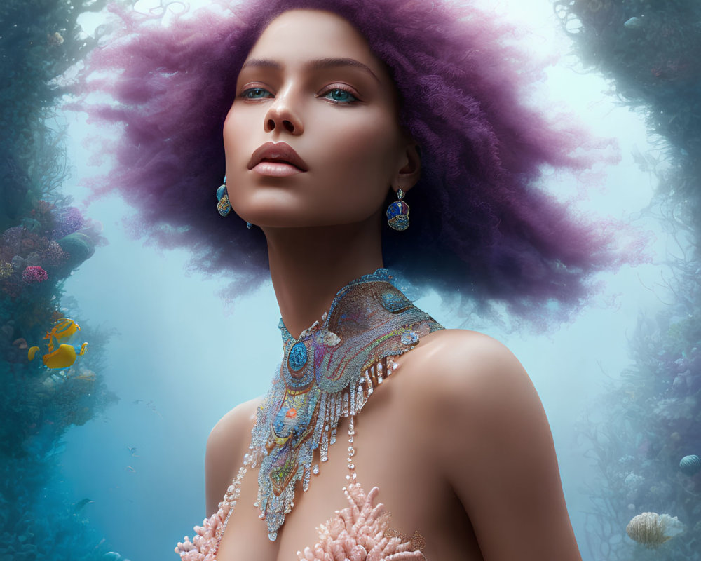 Violet-haired woman in underwater scene with fish and coral necklace