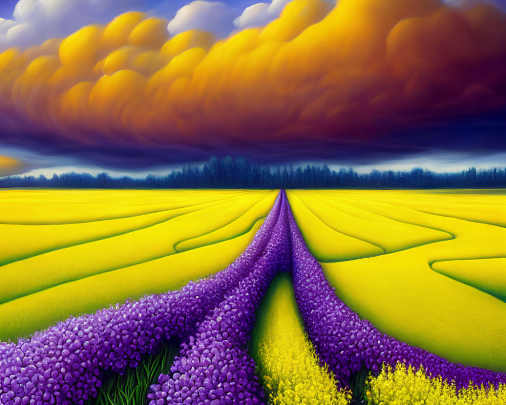 Symmetrical purple and yellow flower fields under dramatic orange sky