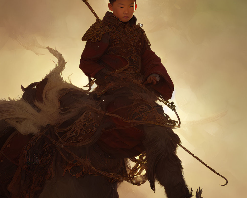 Young boy in red armor on furry creature in misty environment