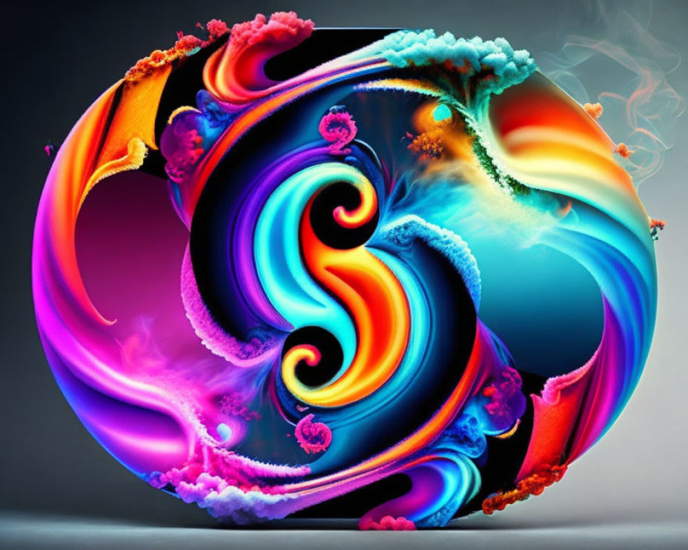 Colorful Swirling Patterns in Orange, Blue, Pink, and Purple on Dark Background