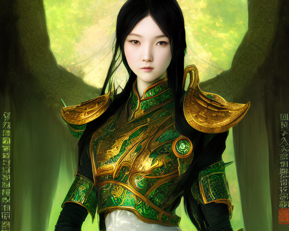 Digital illustration of woman in green-and-gold armor in mystical forest with script and smaller figure.