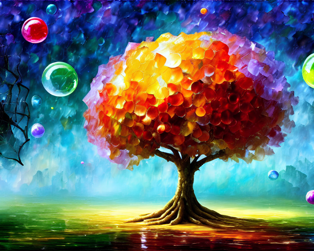 Colorful Fantasy Landscape with Vibrant Tree and Luminous Bubbles