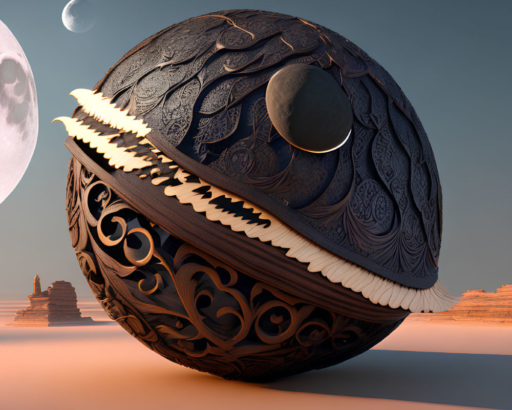 Ornate split sphere with desert backdrop and crescent moon