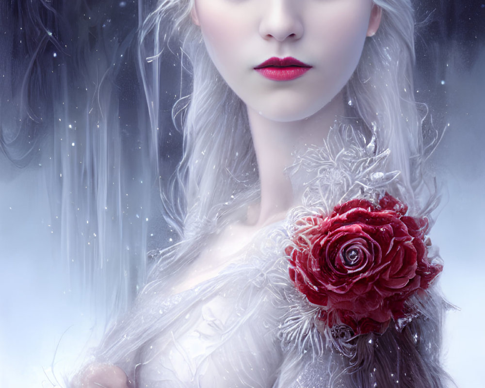 Pale-skinned woman with icy blue eyes and black hair in ornate headdress holding red rose in