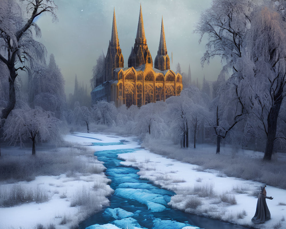 Winter landscape with person by blue stream and illuminated cathedral