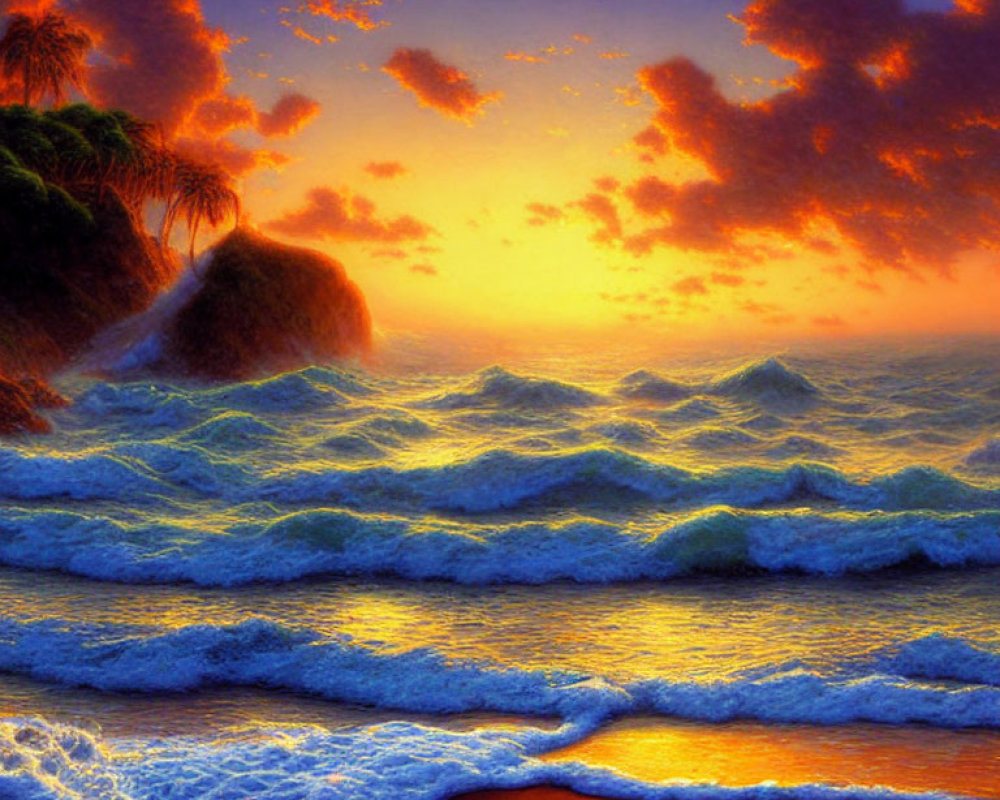 Vibrant sunset over turbulent sea with crashing waves and fiery orange sky.