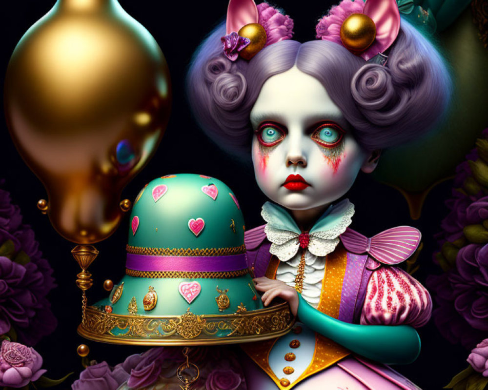 Whimsical digital artwork of doll-like character with lavender hair and heart-themed makeup holding ornate egg