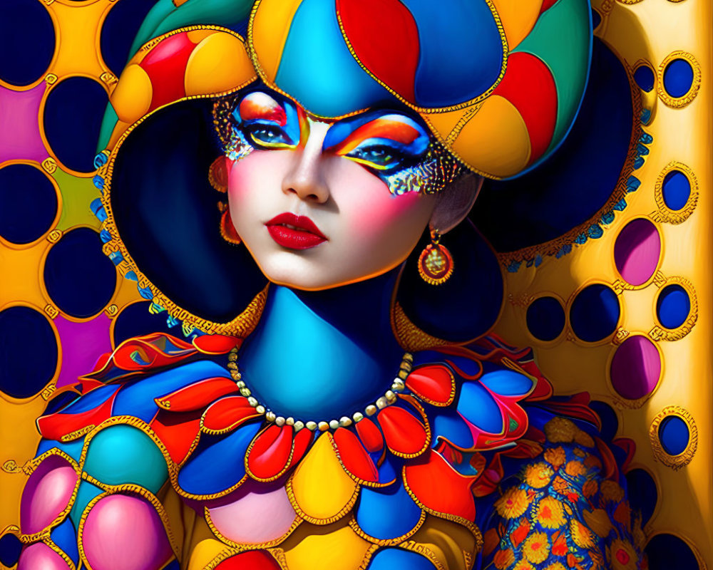 Colorful Woman Illustration with Multicolored Headdress and Vivid Attire