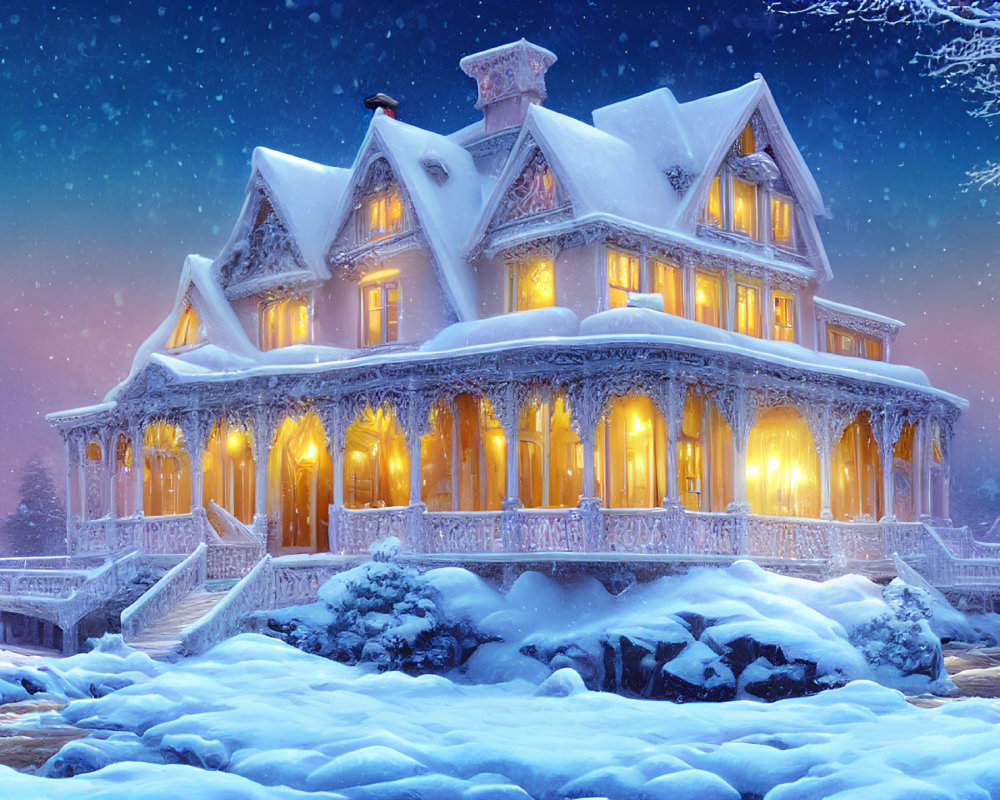 Victorian-style house in snowy landscape with warm lights at twilight