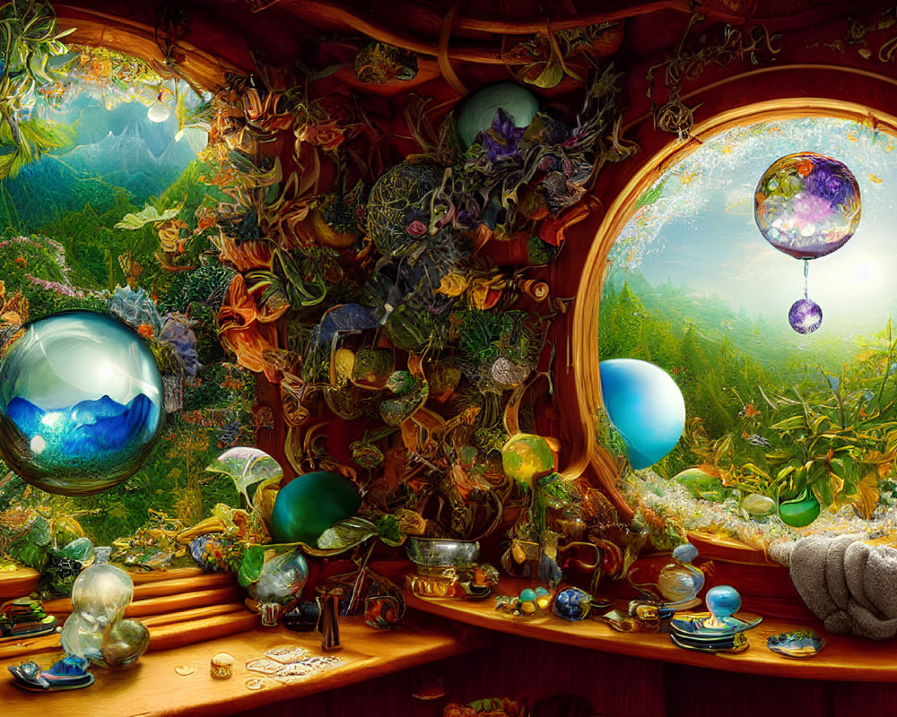 Interior scene with floating crystals, greenery, glass orbs, and vintage objects