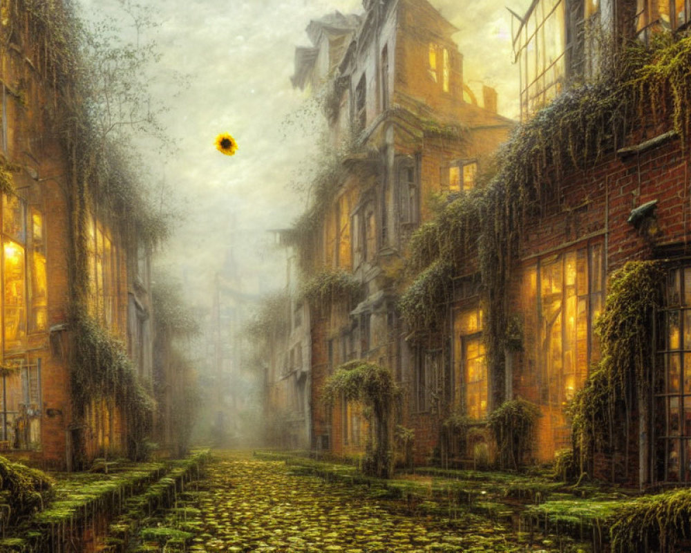 Ivy-covered brick buildings in foggy alleyway with glowing windows