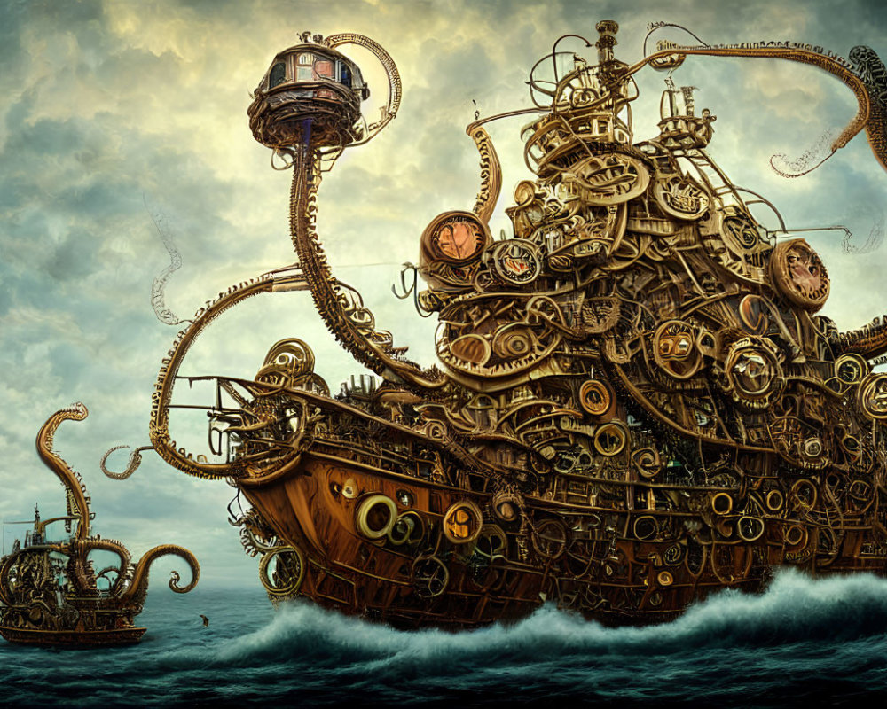 Steampunk-style ships with intricate gears and octopus-like appendages sailing on choppy seas