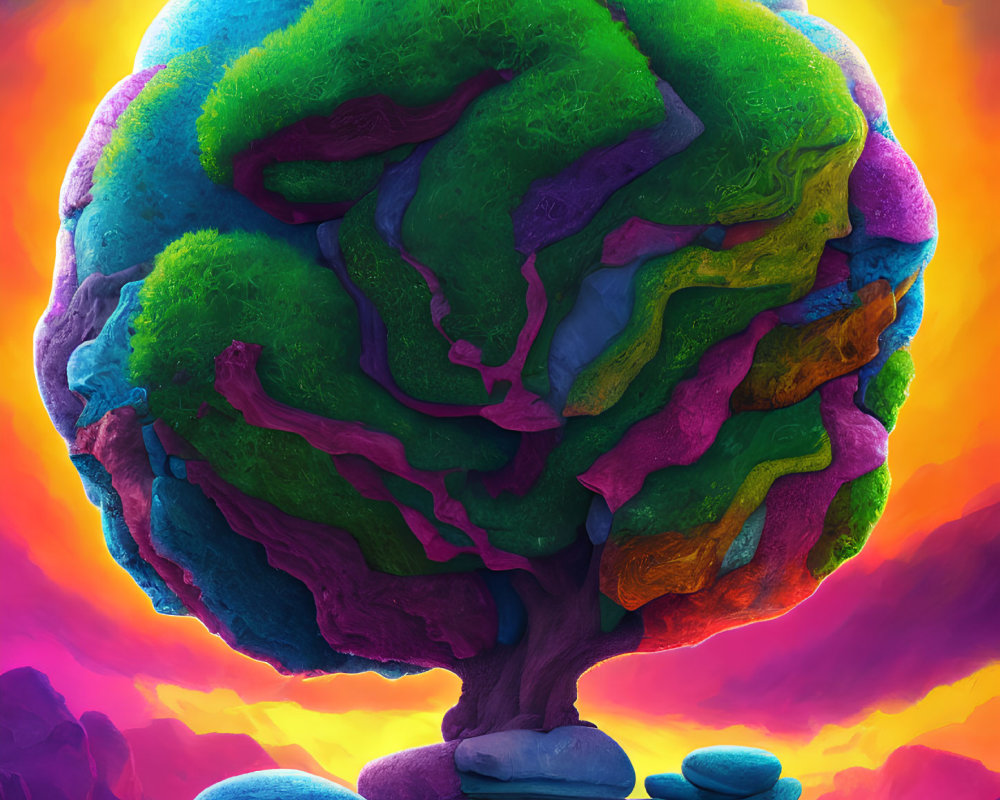 Colorful surreal artwork: Tree with brain-like foliage against vibrant sky