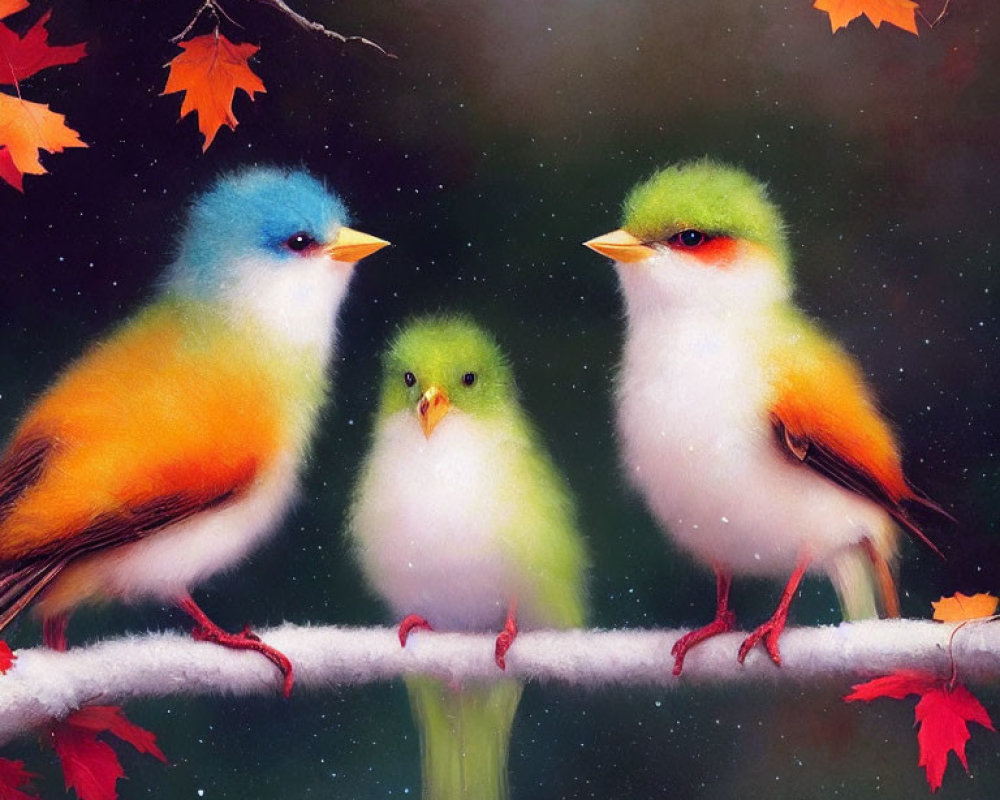 Colorful Stylized Birds Perched on Snowy Branch