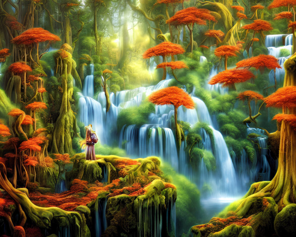 Vibrant orange foliage, cascading waterfalls, person in awe in mystical forest