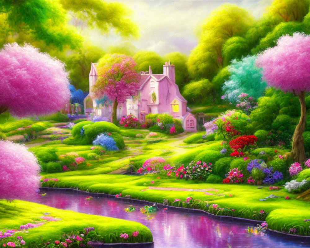 Vibrant pink trees and a serene river in a picturesque fantasy landscape