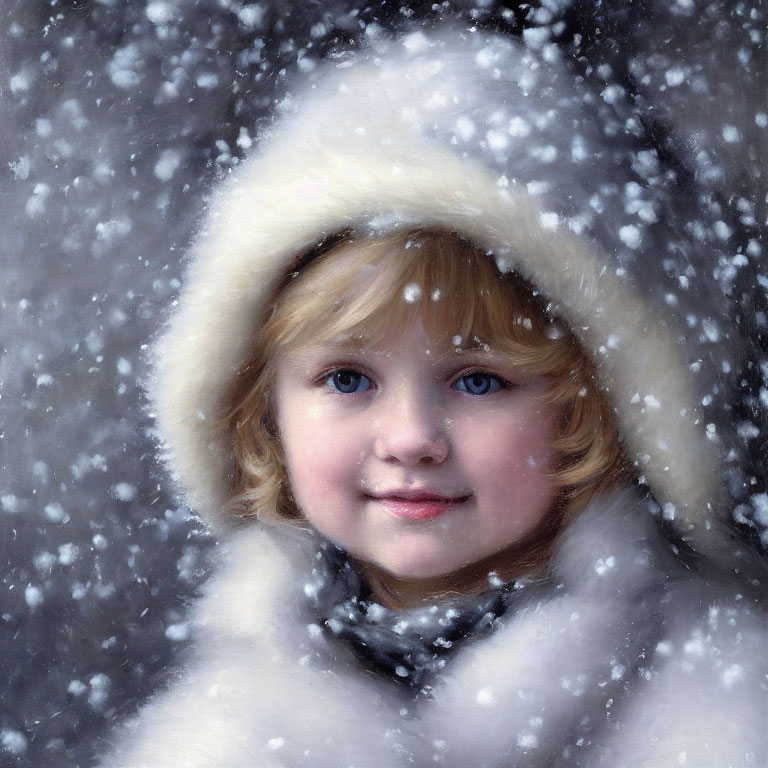 Blond-Haired Child in White Hooded Coat Smiling in Snowfall