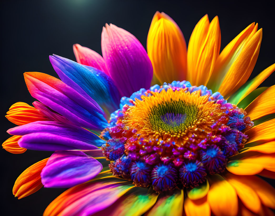 Colorful Gerbera Flower with Blue Heart and Fiery Petals on Dark Background