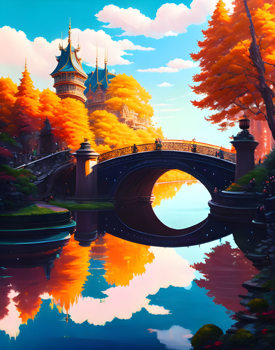 Fantasy landscape with ornate bridge, castle, autumn trees, and blue sky