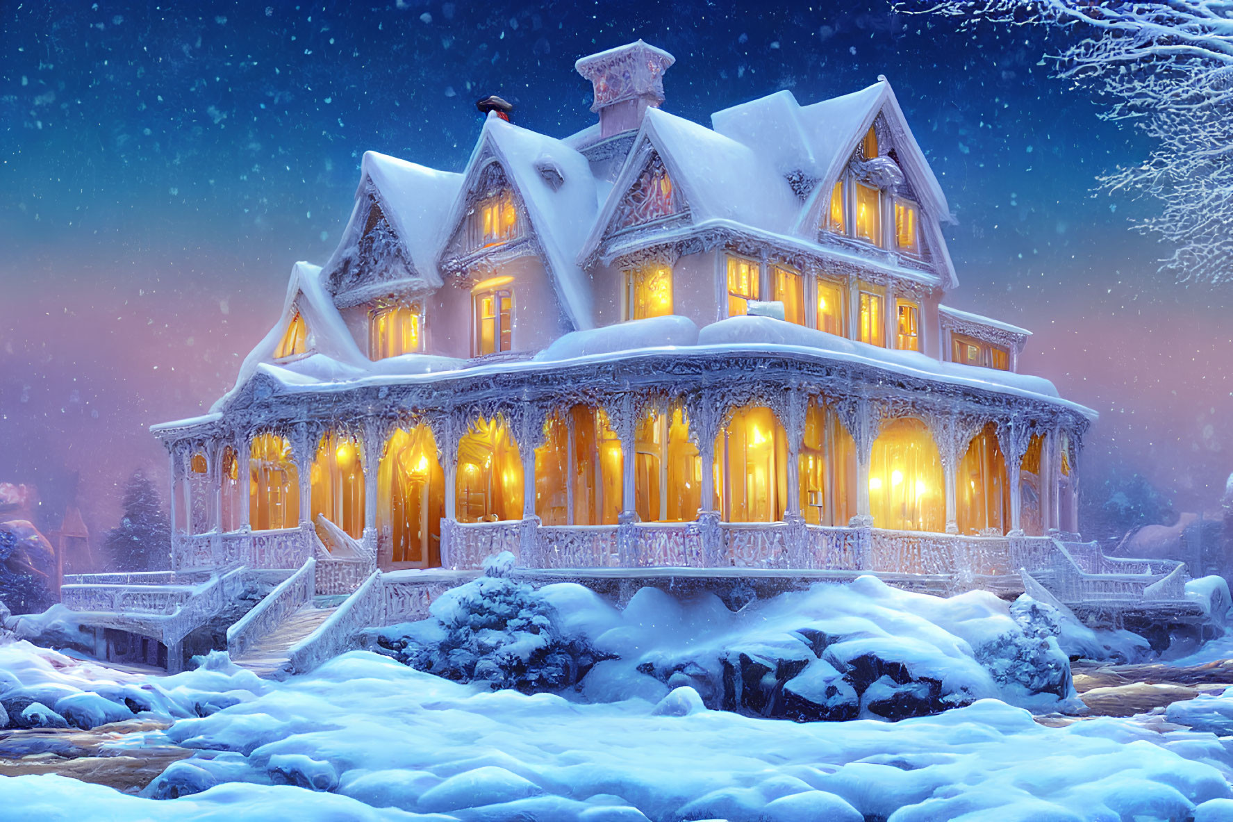 Victorian-style house in snowy landscape with warm lights at twilight